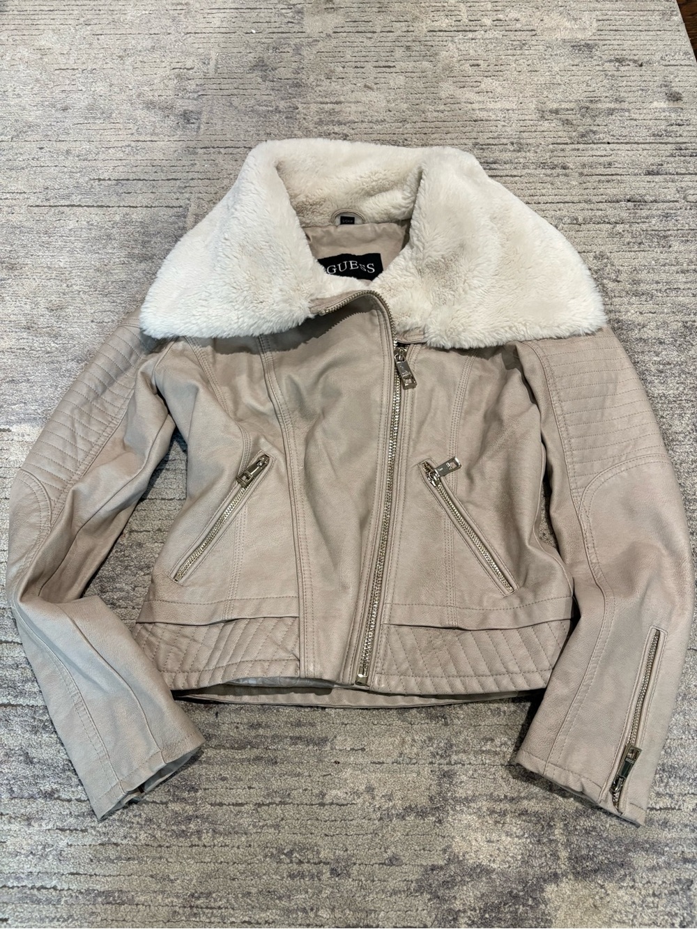 Guess Cream Faux-Shearling Collar Faux Leather Moto Jacket